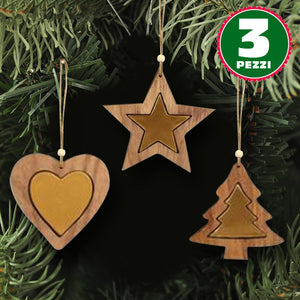 3 Appendini Natale In Legno Stella Albero Cuore Oro Decorazioni Natalizie