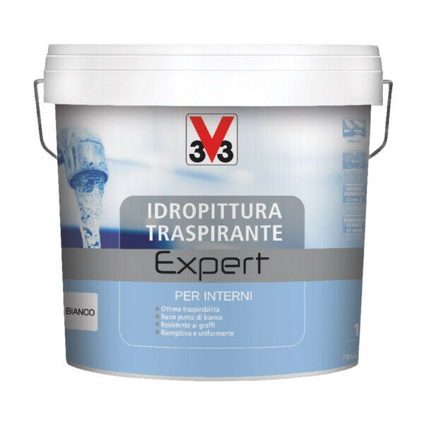 V33 Idropittura Traspirante Expert per Interno Pittura Coprente Bianca Bagno Formato: 4 Lt