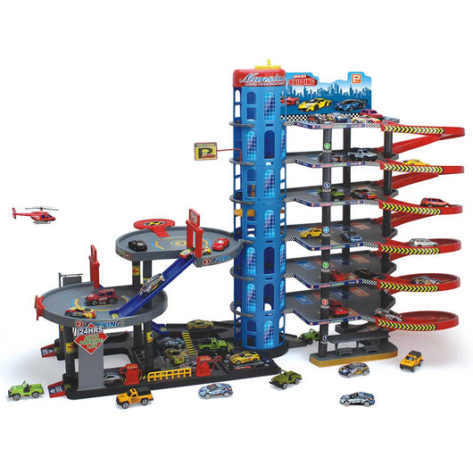 Garage Giocattolo Bambini 6 Piani Rampe Scivolo con 10 Macchinine + Elicottero