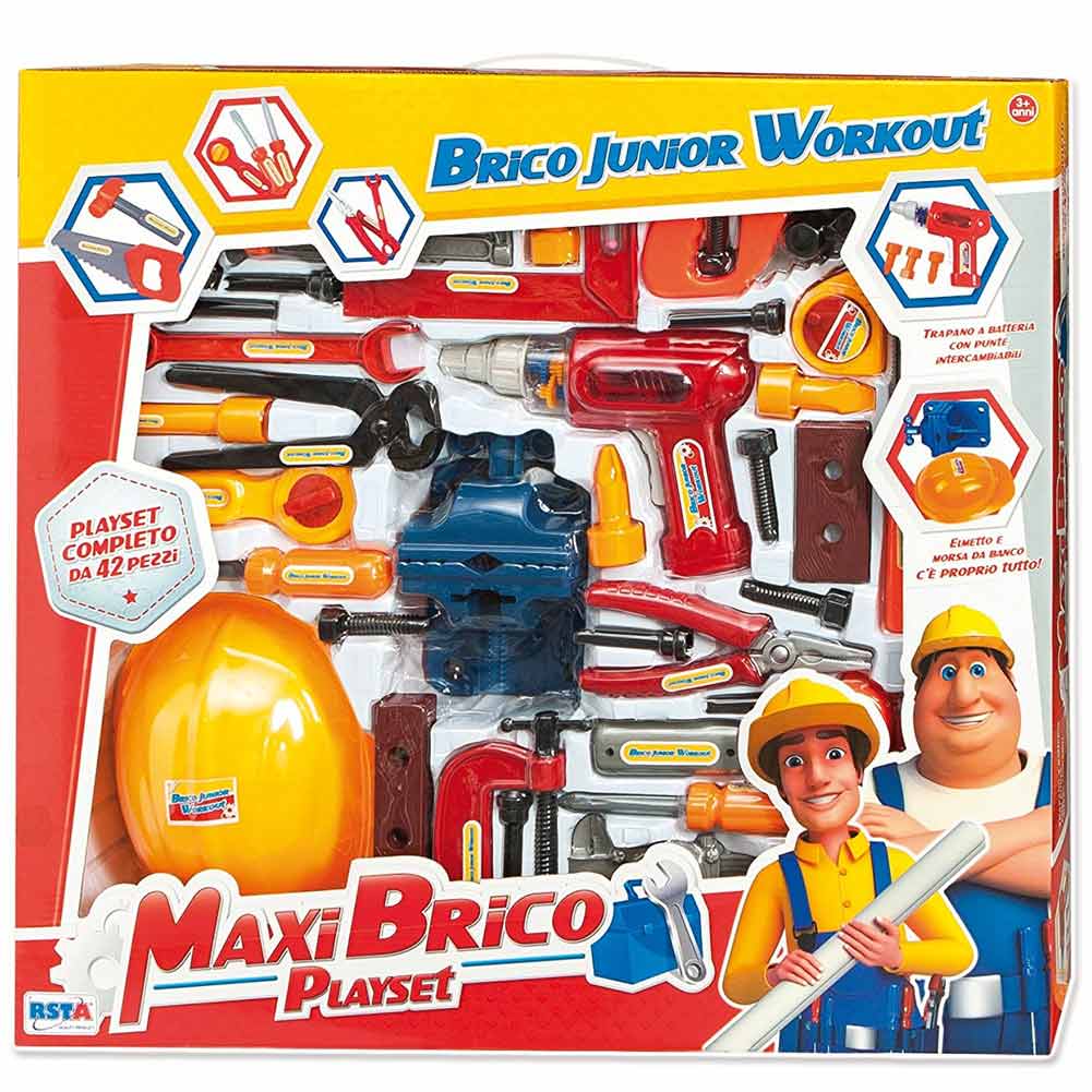 Playset Maxi Brico 42pz Trapano A Batteria Elmetto Attrezzi Lavoro E Accessori