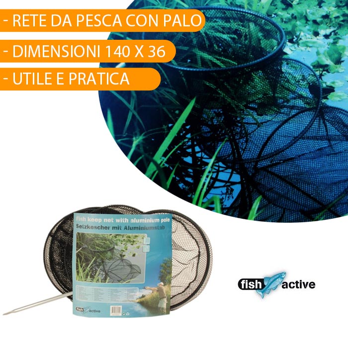 Rete da Pesca con Palo Alluminio Pesci Gamberi 36x140 cm Kit Mare Lago Fiume