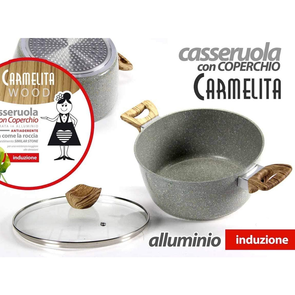 Pentola Casseruola Carmelita Pietra 24cm Antiaderente Coperchio Vetro Induzione