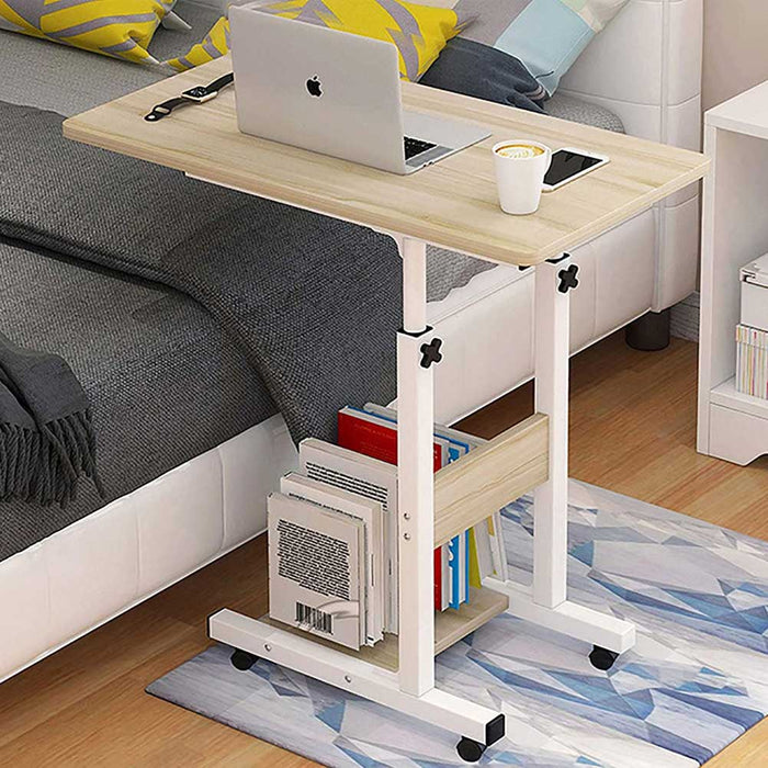 Tavolino Porta PC Computer da Letto Divano Regolabile con Ruote Beige