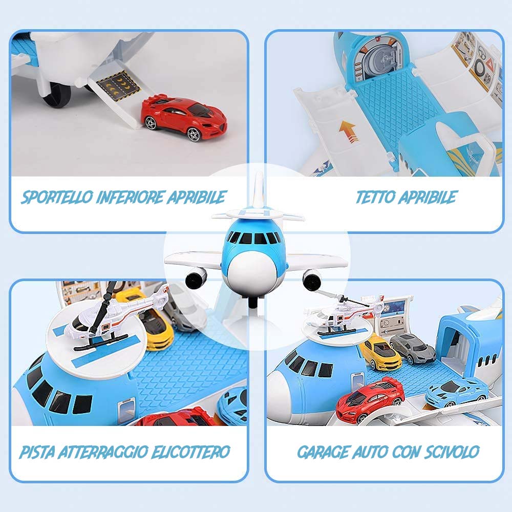 Playset Aereo Garage Giocattolo Bambini Aeroplano Apribile con 2 Macchinine