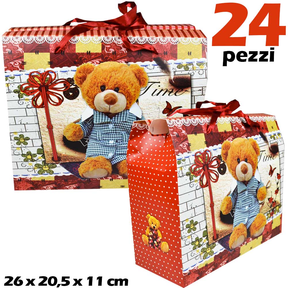 Buste Sacchetti Regalo Borsetta con Orsetto in Cartoncino 26x20x11 cm (24 Pezzi)