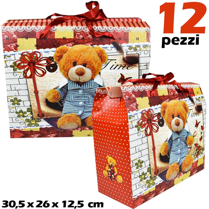 Buste Sacchetti Regalo Borsetta con Orsetto in Cartoncino 30x26x12 cm (12 Pezzi)