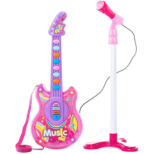 Chitarra Elettrica + Microfono Karaoke Giocattolo Bambini Luci Attacco Aux Rosa