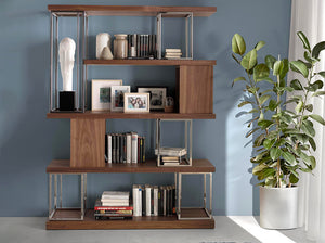 Libreria 129x35x170 cm in legno di noce e acciaio cromato