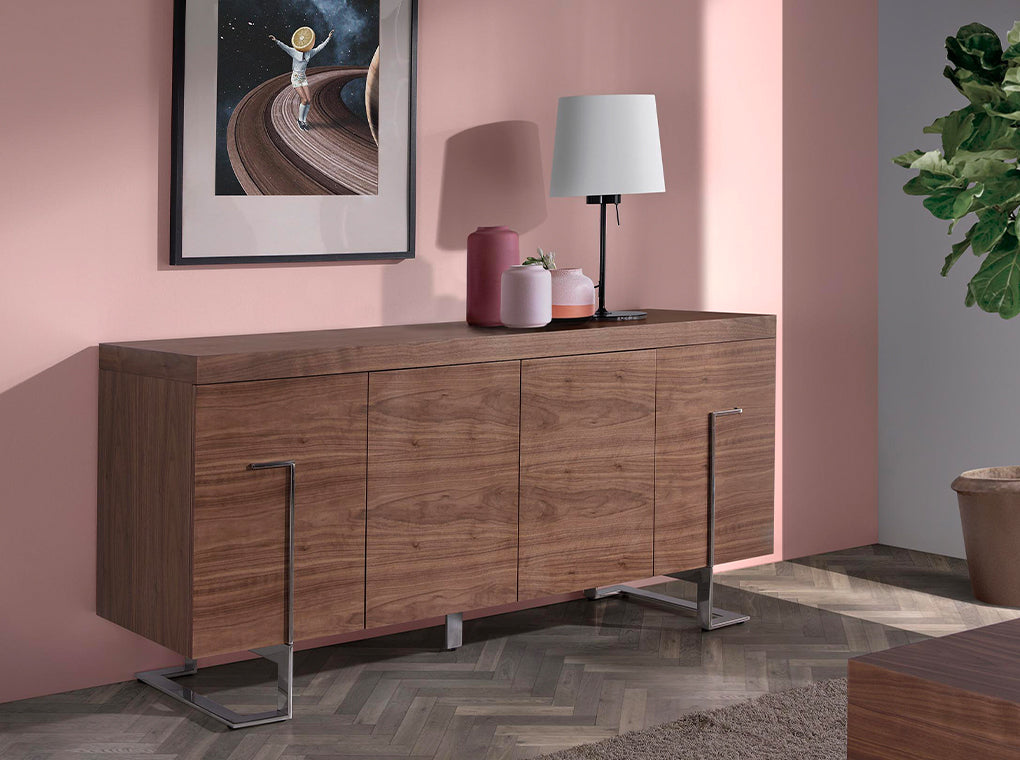 Credenza in legno di noce e acciaio cromato