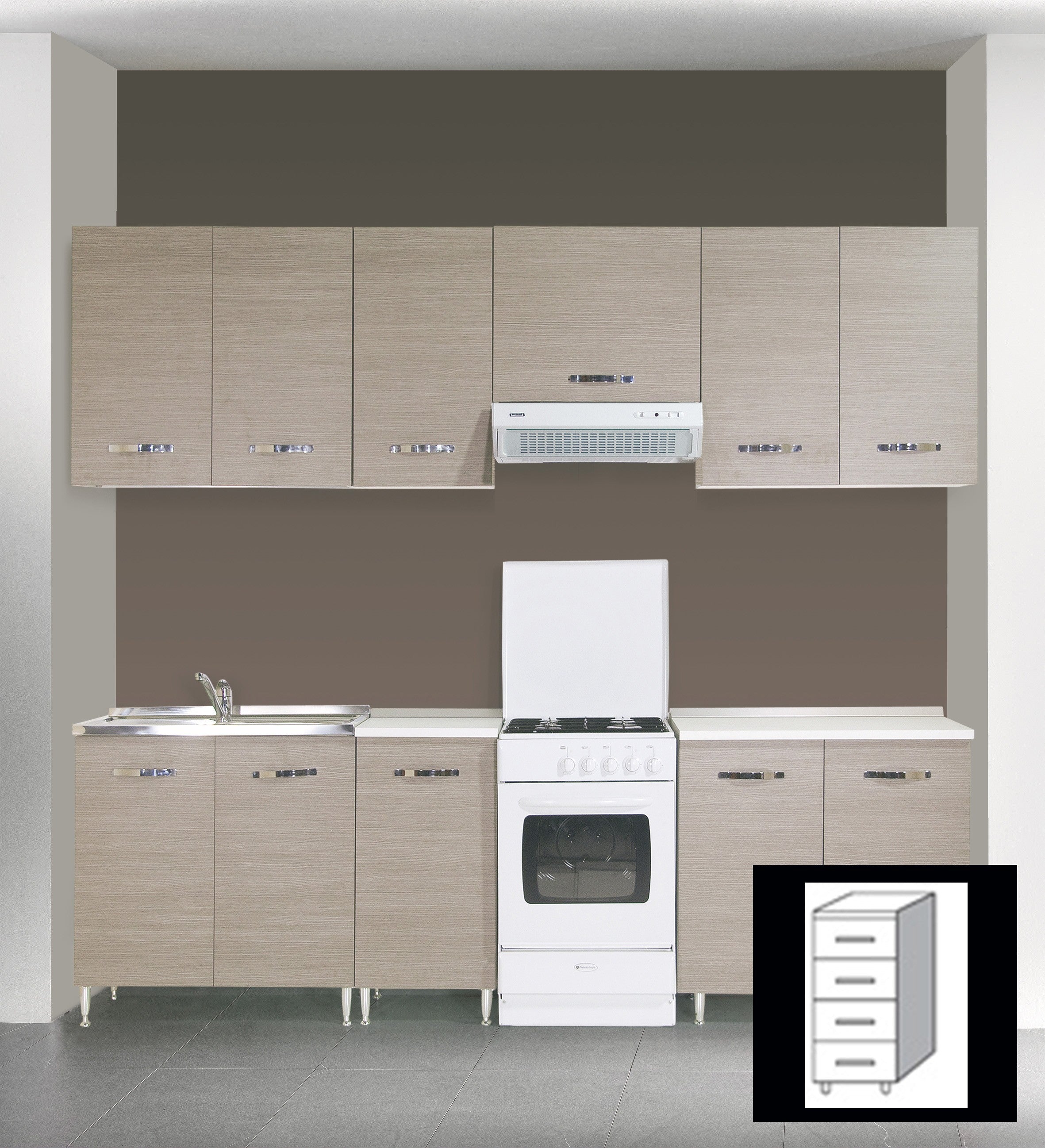 KIT CUCINA BASE 4 CASSETTI 40X50X85H TOP BIANCO FRASSINATO FINITURA LARICE GRIGIO