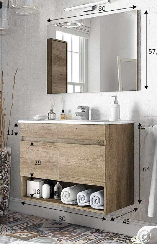 Mobile Bagno cm 80 Rovere venato con lavabo, specchio e colonna inclusi