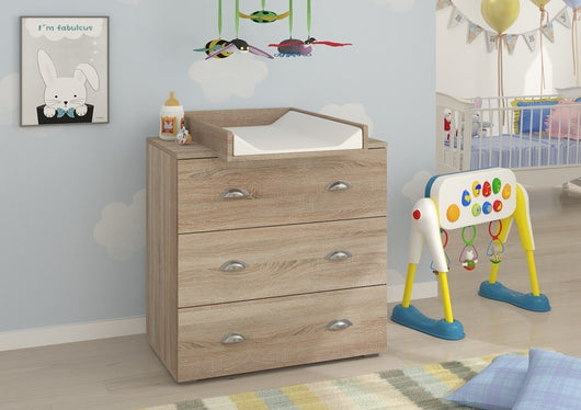 Cassettiera per bambini con fasciatoio rimovibile 80x71,8x90 cm 3 cassetti MIA Rovere