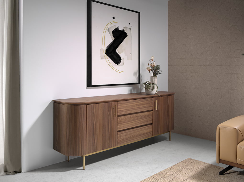 Credenza in legno noce e acciaio dorato