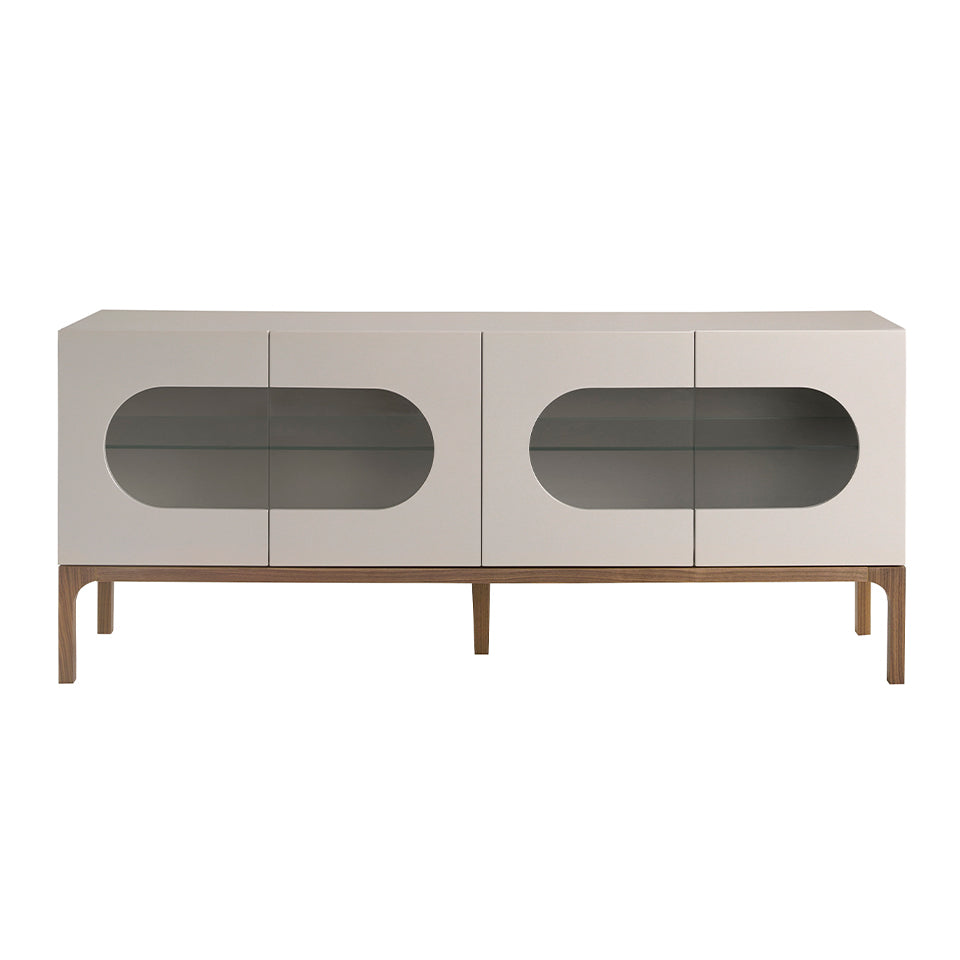 Credenza in legno grigio e noce con illuminazione interna