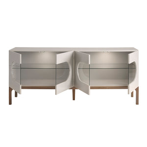 Credenza in legno grigio e noce con illuminazione interna