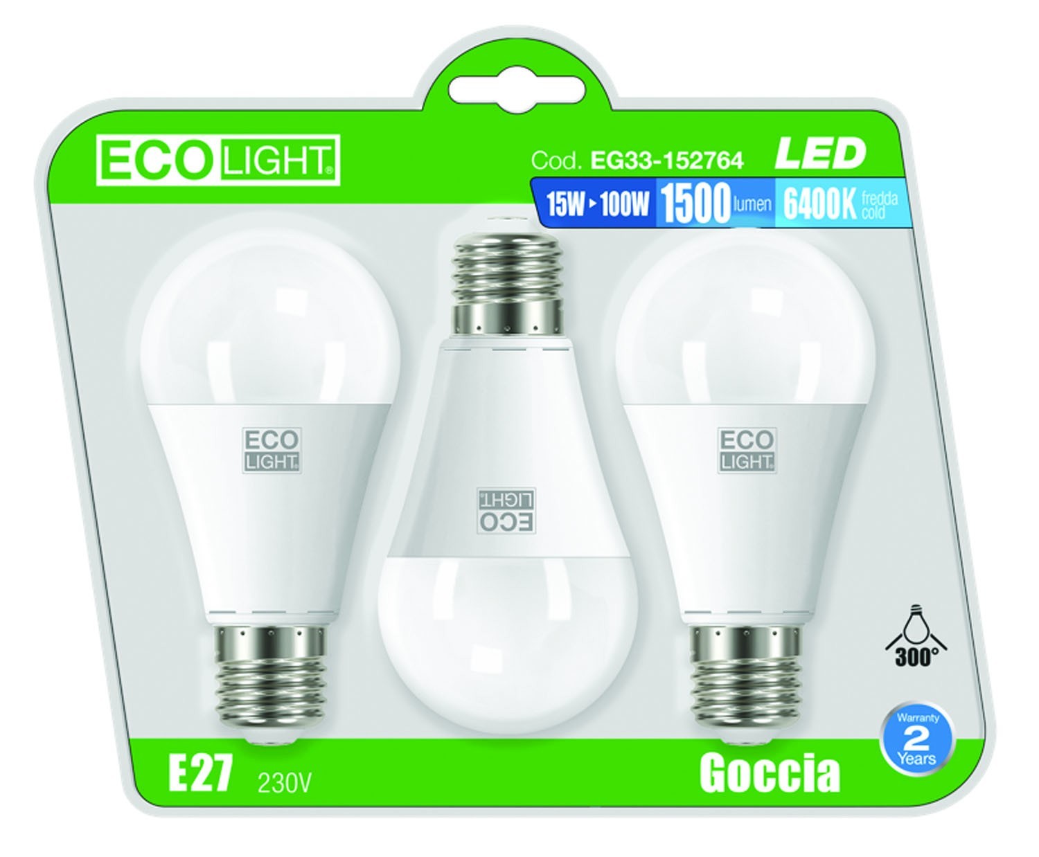 LAMPADINA ECOLIGHT LED A+ E27 GO.15W F. CONF. 3 PEZZI