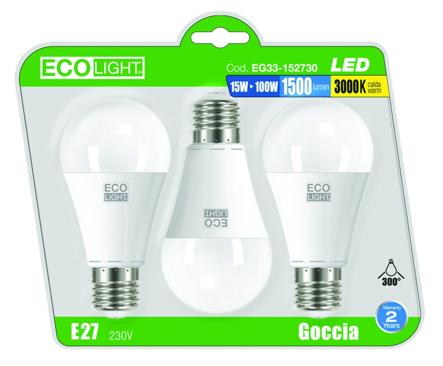 LAMPADINA ECOLIGHT LED A+ E27 GO15W C. CONF. 3 PEZZI