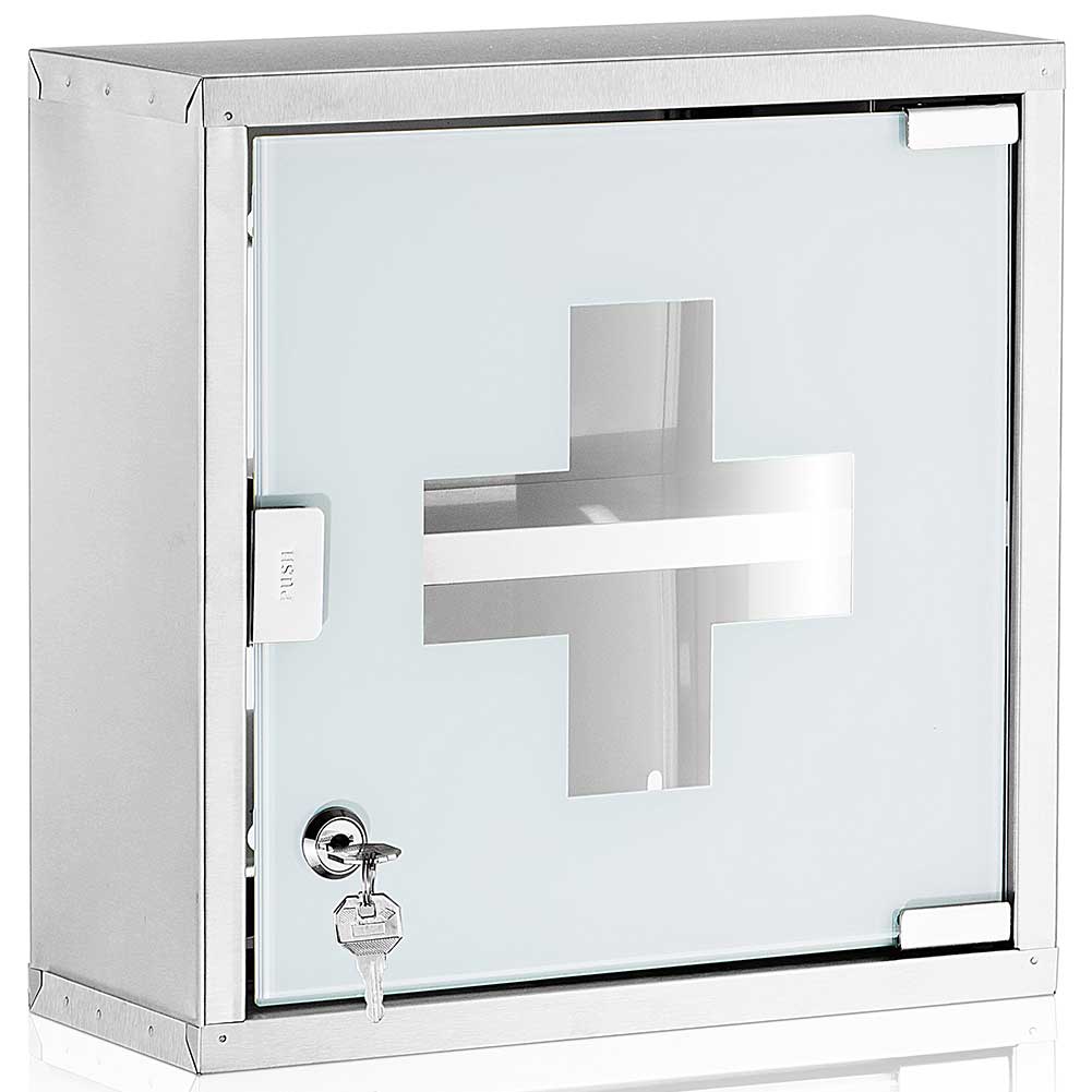 Armadietto Armadio Porta Medicinali Acciaio Inox Vetro Satinato 35x35x18 cm