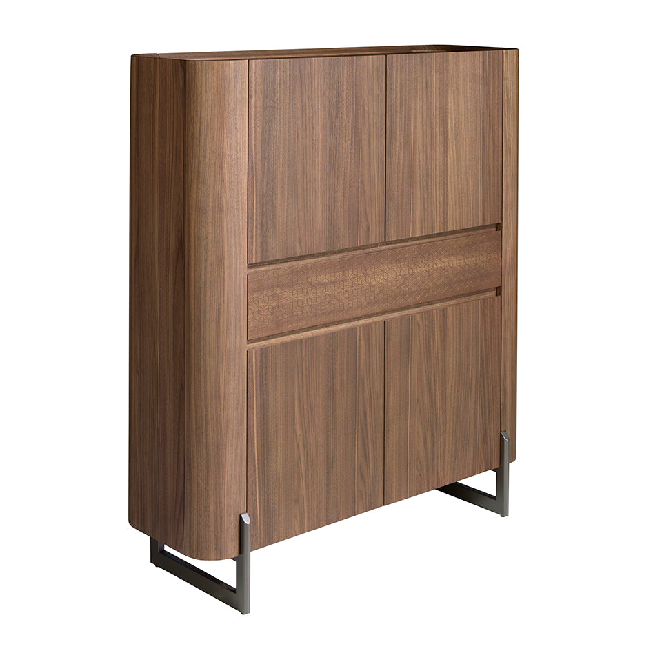 Credenza alta in noce e acciaio scuro metallizzato