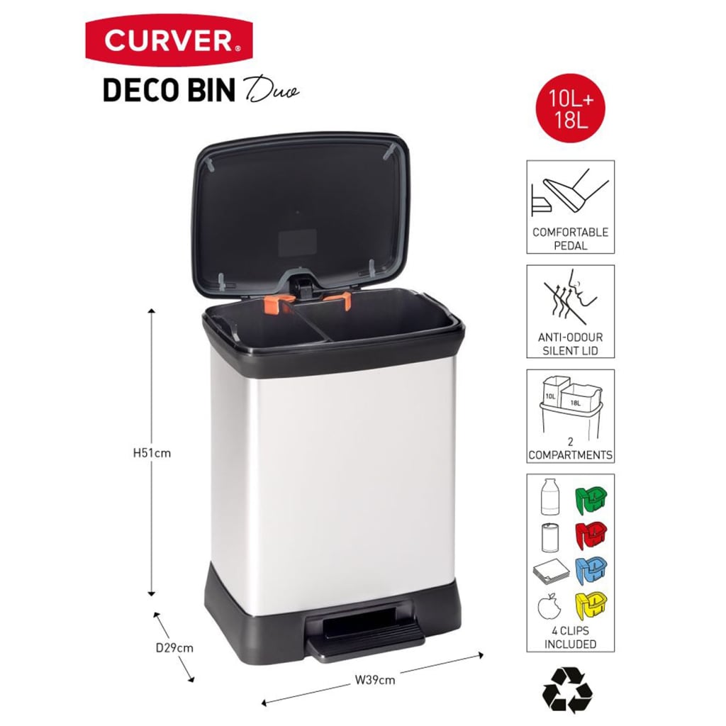 Curver Pattumiera a Pedale Doppia Deco 10L+18L Argento 443816