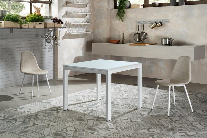 Tavolo Allungabile 90/163,5x90x76 cm in Metallo con Top in Vetro Bianco