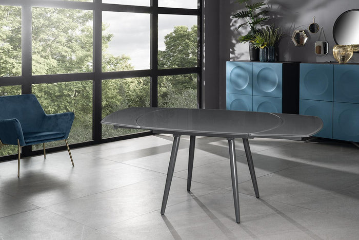 Tavolo Allungabile 120/180x90x76 cm in Metallo con Top in Vetro Grigio