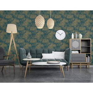 DUTCH WALLCOVERINGS Carta da Parati "Tropical" Blu Scuro e Oro 442569