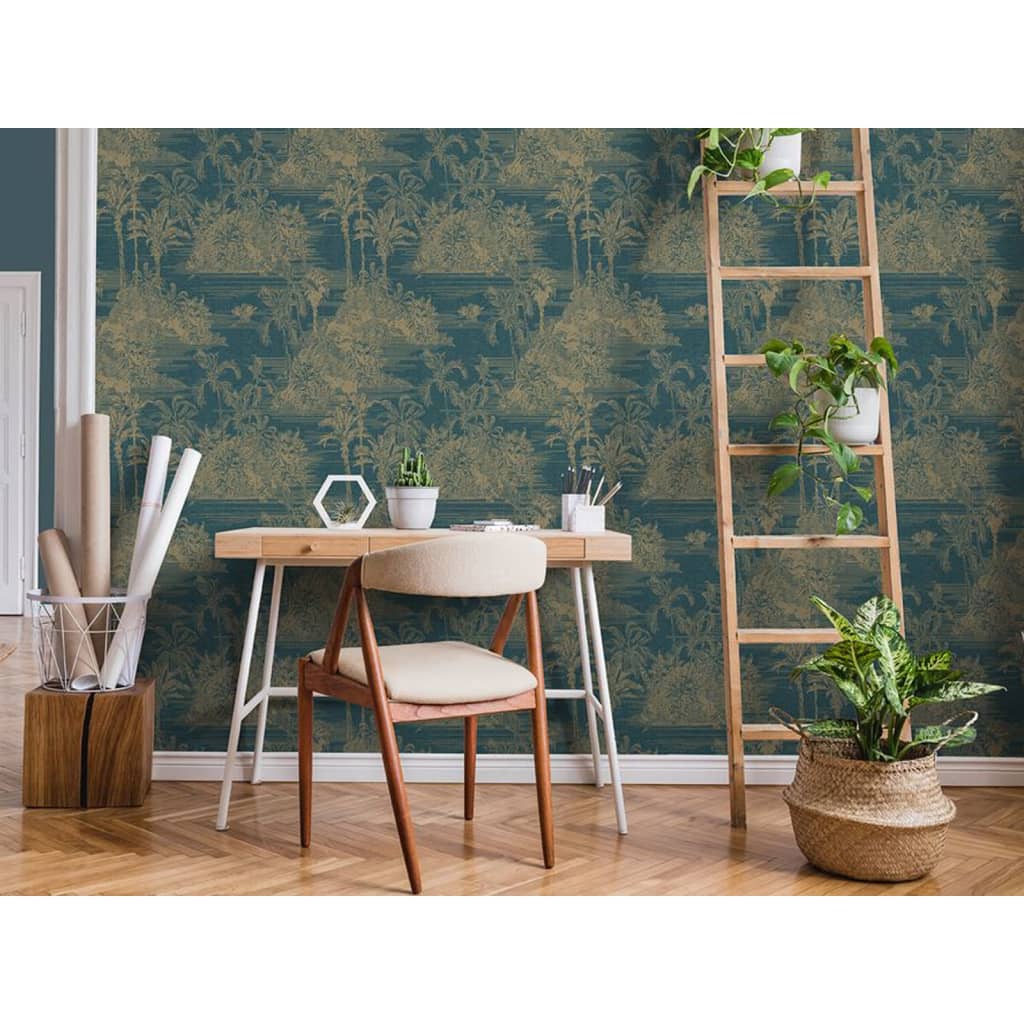 DUTCH WALLCOVERINGS Carta da Parati "Tropical" Blu Scuro e Oro 442569