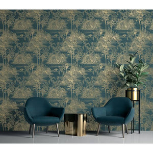 DUTCH WALLCOVERINGS Carta da Parati "Tropical" Blu Scuro e Oro 442569