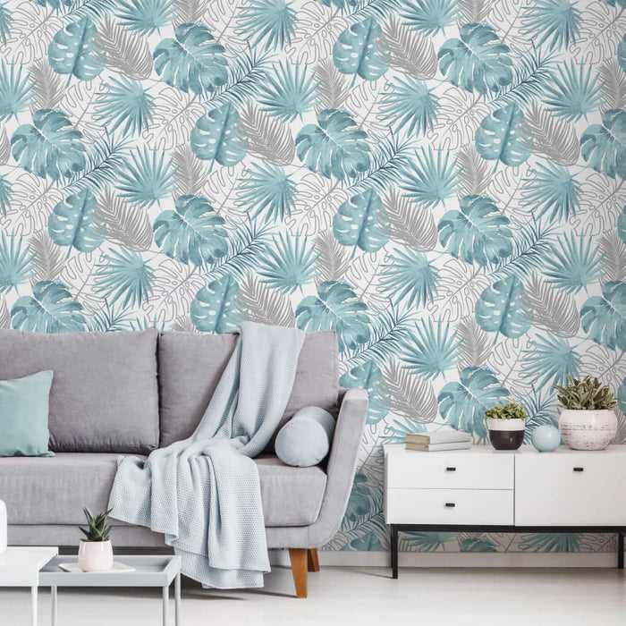 DUTCH WALLCOVERINGS Carta da Parati Motivo Foglie di Monstera Blu