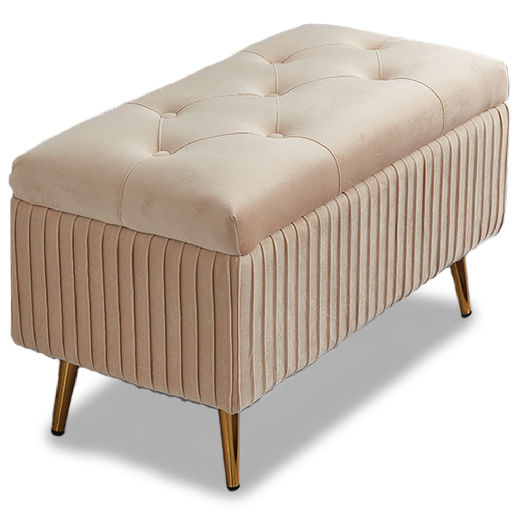 Pouf Contenitore Panca in Velluto Rettangolare Morbido Capiente Divanetto Beige