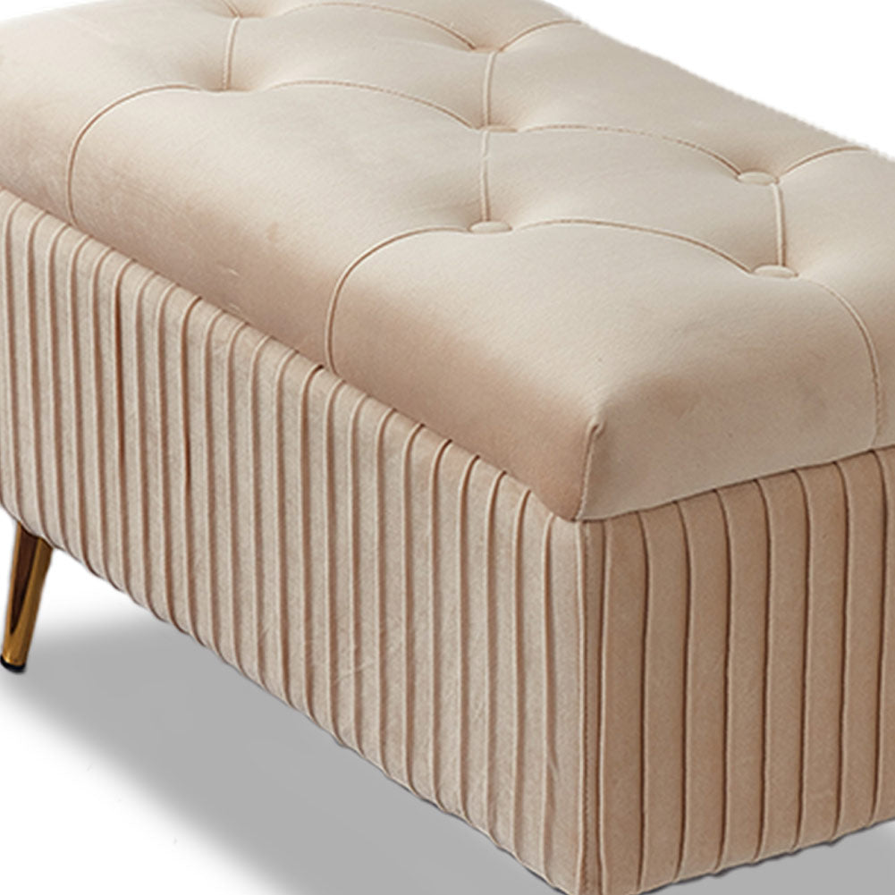 Pouf Contenitore Panca in Velluto Rettangolare Morbido Capiente Divanetto Beige