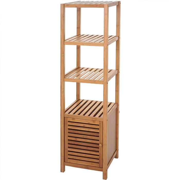 Mobile Scaffale Bagno a Colonna 4 Ripiani e Sportello Legno Bambu 36x33x140cm