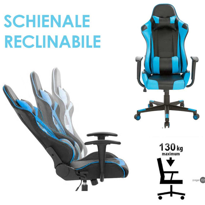 Sedia Poltrona Gaming Scrivania Ufficio Casa Reclinabile Girevole Direzionale Blu