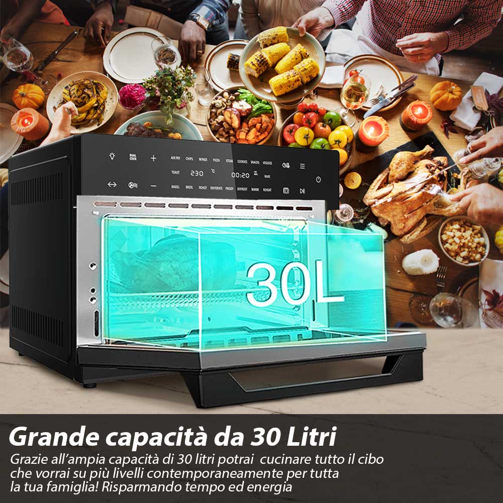 Forno Friggitrice Ad Aria Calda 30Lt Digitale 1800W Frigge Cuoce Senza Olio Nero