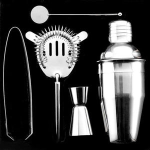 Set da Cocktail Con Shaker Pinza Ghiaccio Misurino Cucchiaio Strainer Barman 5 pezzi