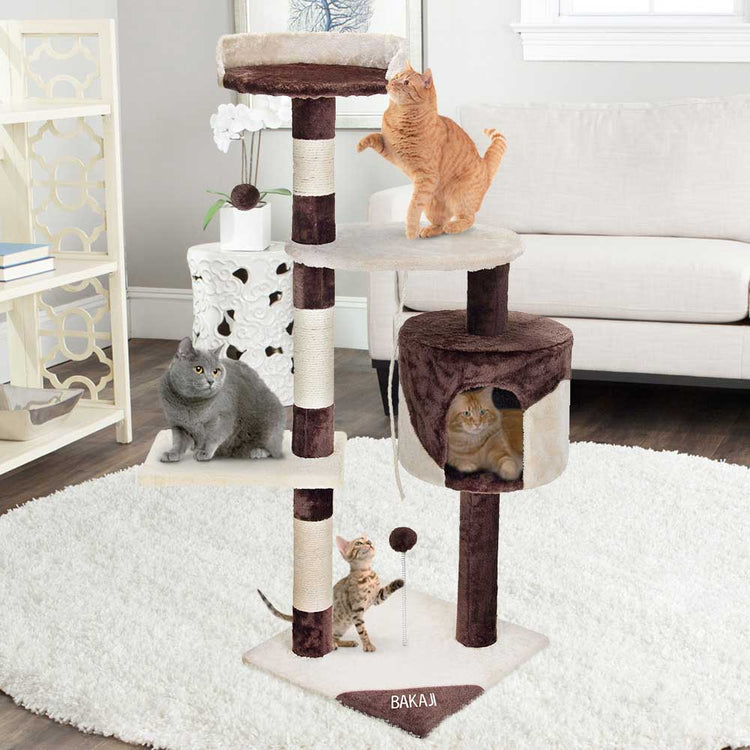 Albero Tiragraffi Gatti Parco Giochi Cuccia Graffiatoio gatto 112cm Marrone Crem