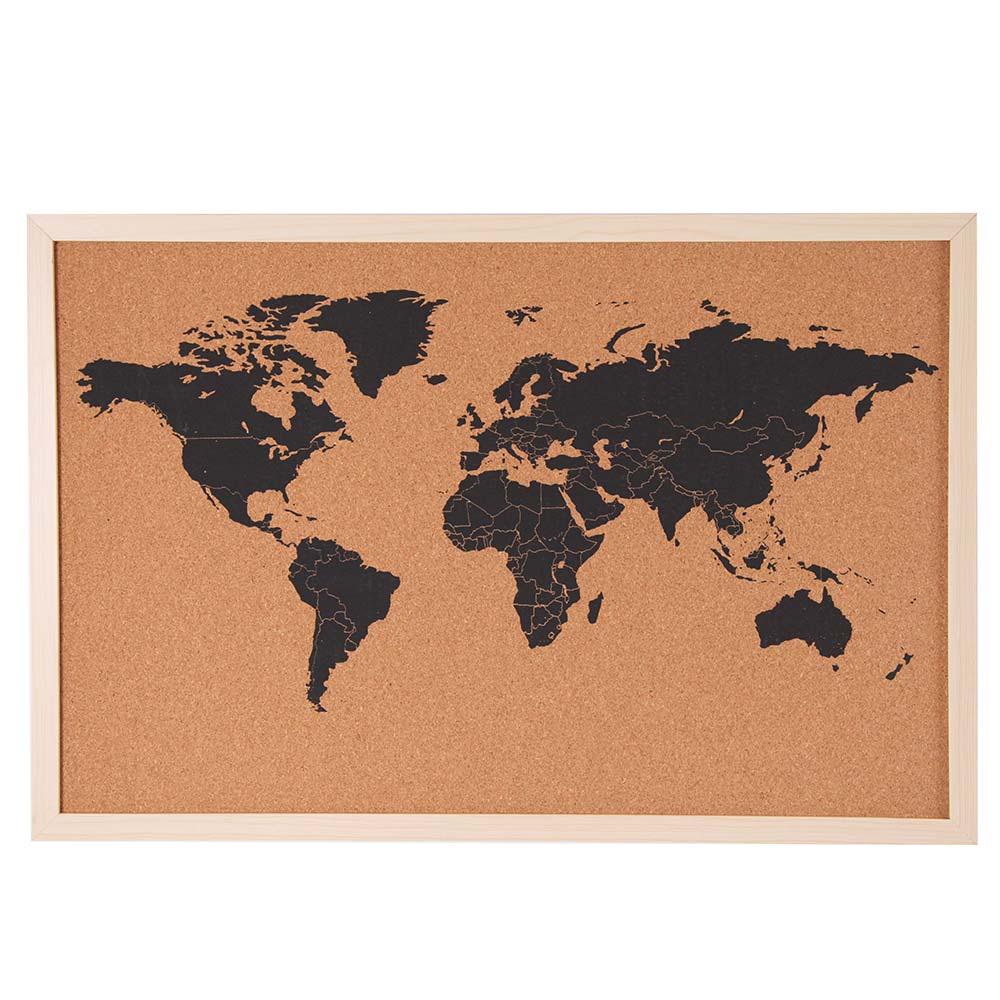 Pannello Bacheca Mappamondo Globo in Sughero Con Cornice 60x40cm + 10 Puntine