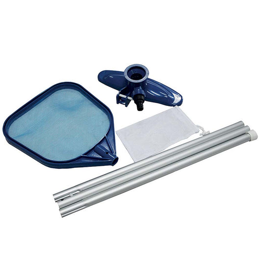 Set Pulizia Acqua Piscina Base Con Aspiratore Skimmer Rete e Asta telescopica