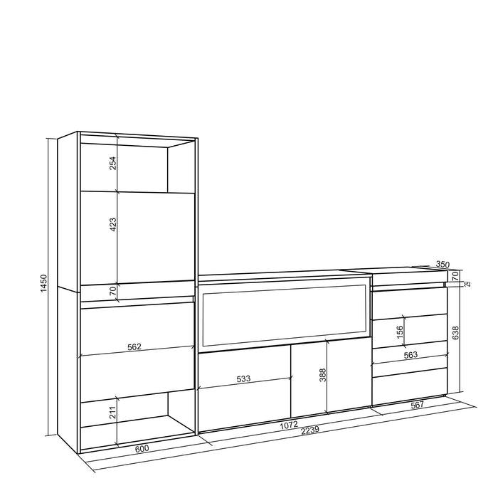 Scarpiera, 224x35x145 cm, Camera da letto, stanza, Camino elettrico XXL, Cassettiera, Cemento , RF3559