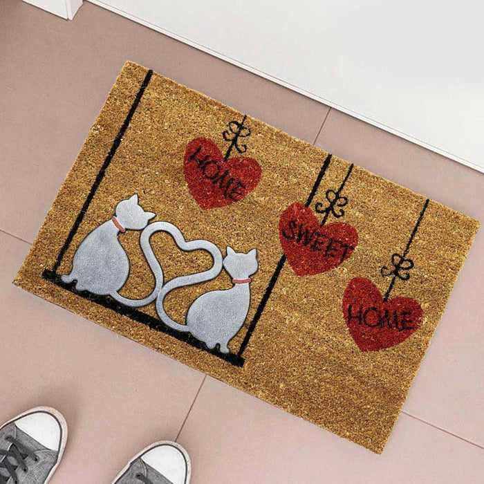 Tappeto Zerbino Fibra di Cocco Love Cats Con Figura Rilievo in Gomma 60x40cm