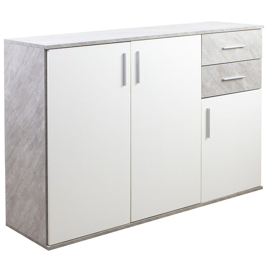 Cassettiera Mobile Armadietto 3 Porte 2 Cassetti Design Moderno Cemento e Bianco