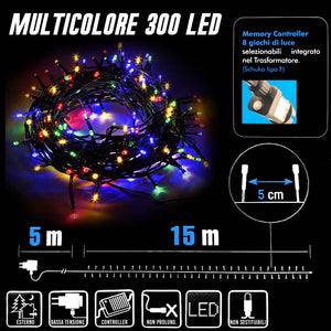 Catena Luminosa 300 Luci LED Lucciole Multicolore Controller 8 Funzioni Esterno