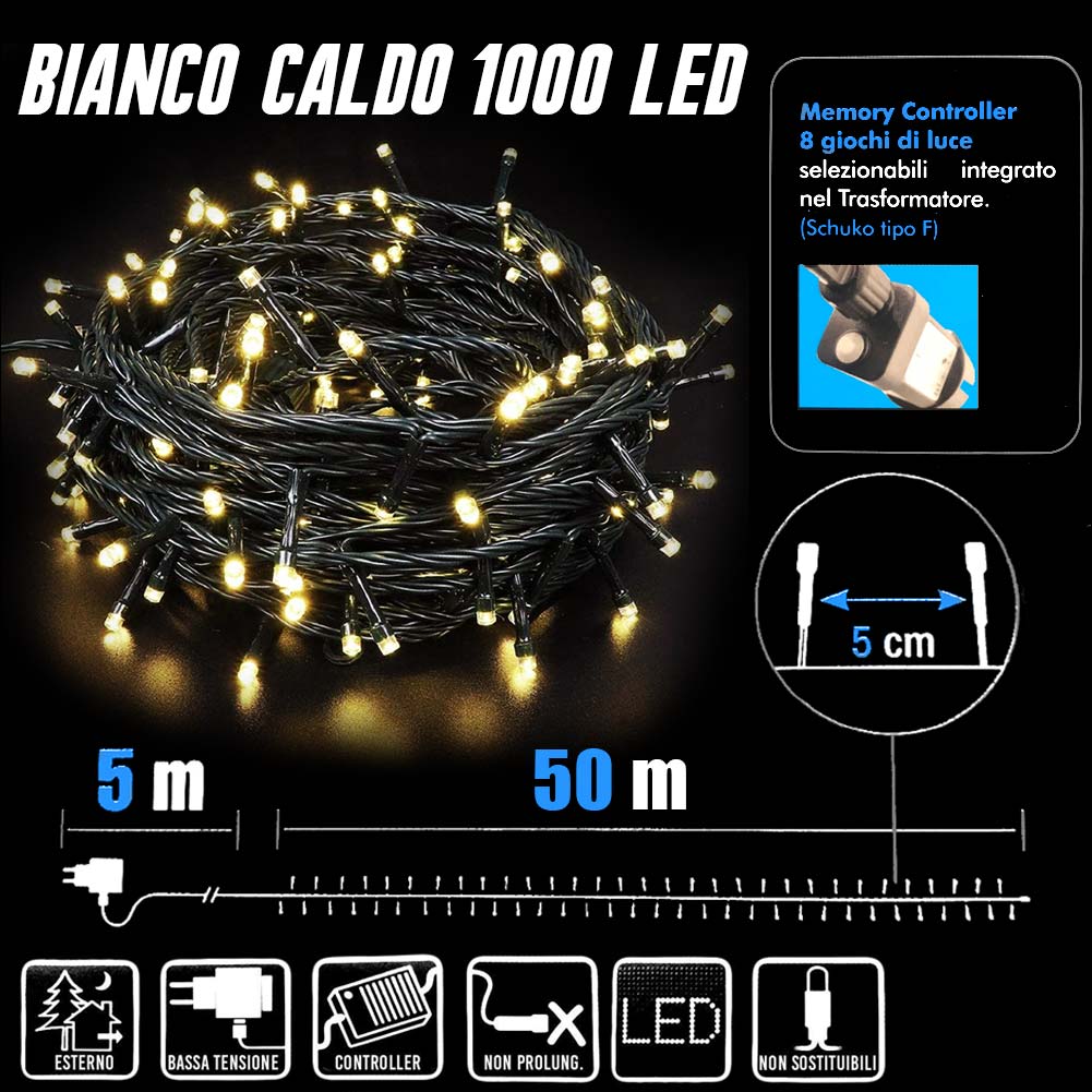 Catena Luminosa 1000 Luci LED Lucciole Bianco Caldo Controller 8 Funzioni Estern