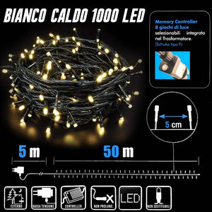 Catena Luminosa 1000 Luci LED Lucciole Bianco Caldo Controller 8 Funzioni Estern