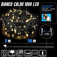 Catena Luminosa 1000 Luci LED Lucciole Bianco Caldo Controller 8 Funzioni Estern