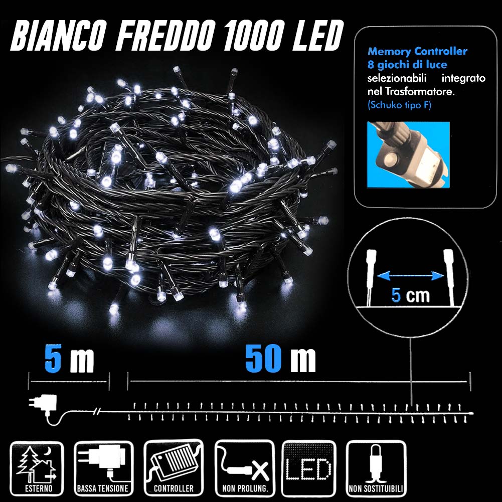 Catena Luminosa 1000 LED Luci Albero Natale Lucciole Bianco Freddo Esterno 24V