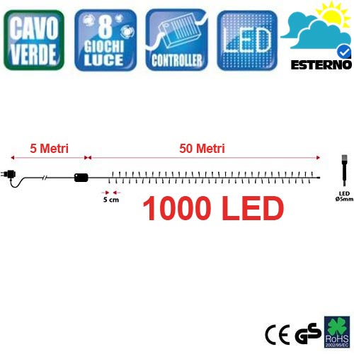 Catena Luminosa 1000 LED Luci Albero Natale Lucciole Bianco Caldo Esterno 24V