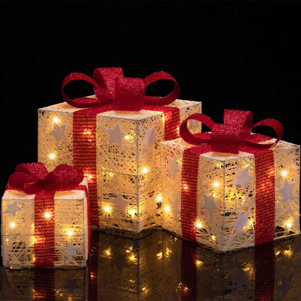 Set 3 Pacchetti Pacchi Regalo Luminosi di Natale con Stelle Decorazione Addobbo