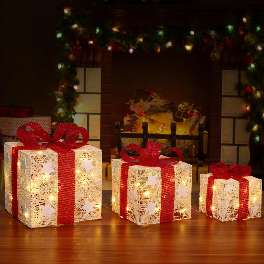 Set 3 Pacchetti Pacchi Regalo Luminosi di Natale con Stelle Decorazione Addobbo